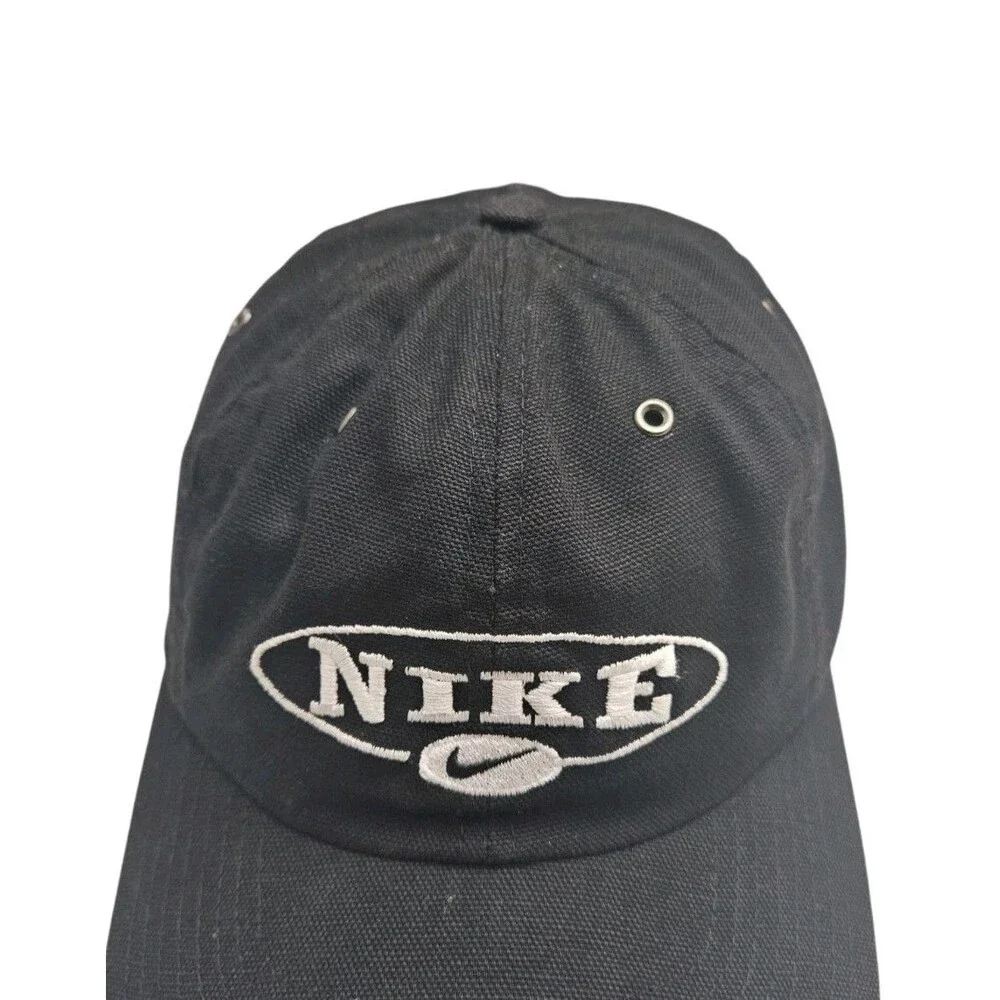 Vintage 90s Nike Swoosh Oval Logo Hat Cap Black Strapback Dad Y2K F60205WDI RARE